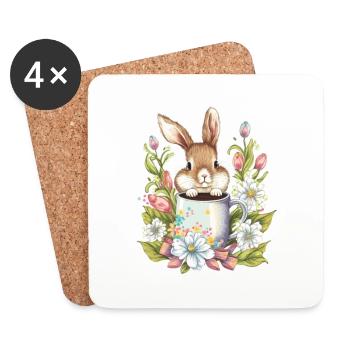 Lapin de Pâques avec fleurs et tasse à café Chemises de Pâques - Dessous de verre (lot de 4) - blanc - Devant