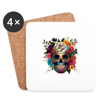 Totenkopf Blumen Bunt - Untersetzer (4er-Set) - Weiß - Vorne