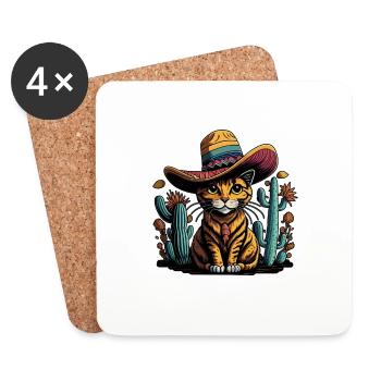 Cinco de Mayo Chat mexicain avec sombrero - Dessous de verre (lot de 4) - blanc - Devant
