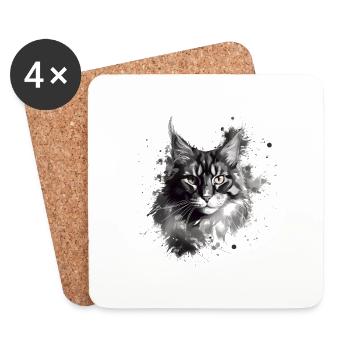 Maine Coon Cat en noir et blanc Art abstrait - Dessous de verre (lot de 4) - blanc - Devant