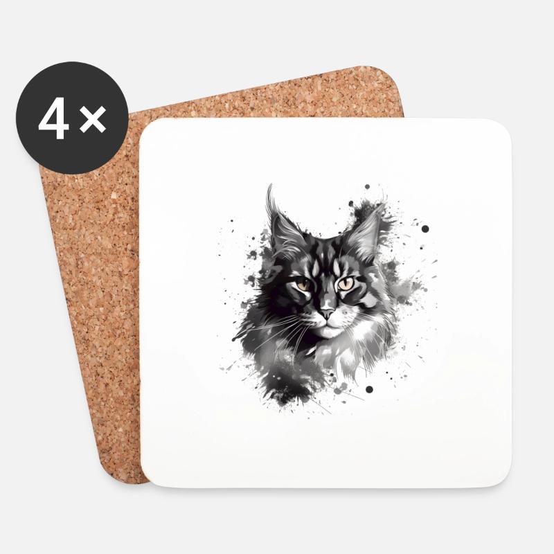 Maine Coon Katze in Schwarz-Weiß Abstrakte Kunst - Untersetzer (4er-Set) - Weiß