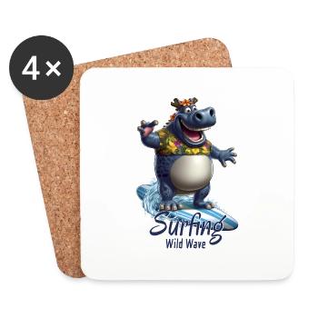 Drôle d’hippopotame avec une planche de surf - surfeur - Dessous de verre (lot de 4) - blanc - Devant