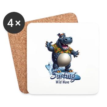 Drôle d’hippopotame avec une planche de surf - surfeur - Dessous de verre (lot de 4) - blanc - Devant