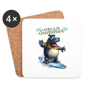 Drôle d’hippopotame avec une planche de surf - surfeur - Dessous de verre (lot de 4) - blanc - Devant