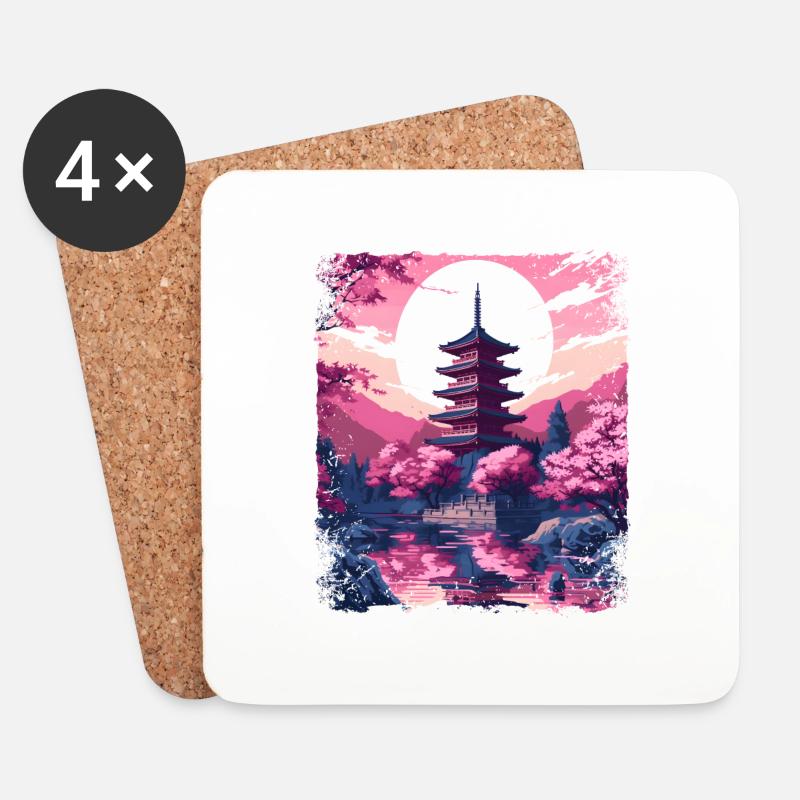 Kirschblüten-Sakura-Baum in einem Vaporwave-Tempel - Untersetzer (4er-Set) - Weiß
