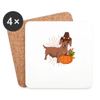 Pilgrim Dachshund Pumpkin Leaves Thanksgiving - Coasters (set of 4) - white - Front