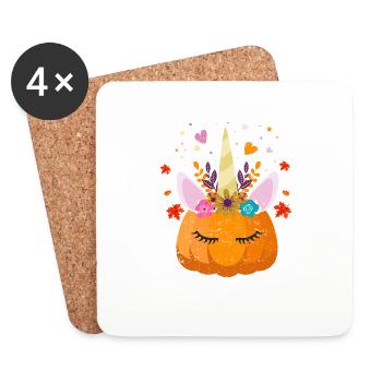 Citrouille licorne mignonne Halloween Thanksgiving - Dessous de verre (lot de 4) - blanc - Devant