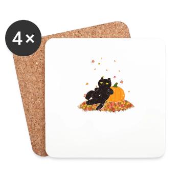 Cute Black Cat Autumn Leaves Season - Coasters (set of 4) - white - Front