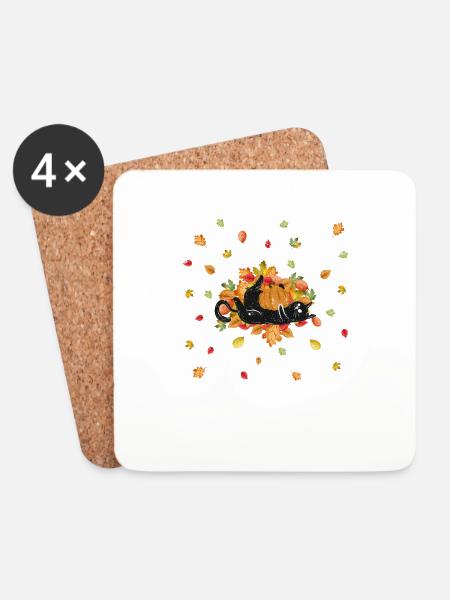 Niedliche schwarze Katze Herbstblätter Saison - Untersetzer (4er-Set) - Weiß