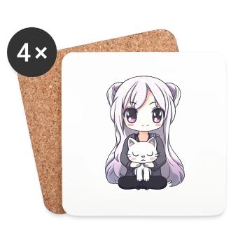 Anime Cats Kawaii Teen Otaku Girl With Cat - Coasters (set of 4) - white - Front