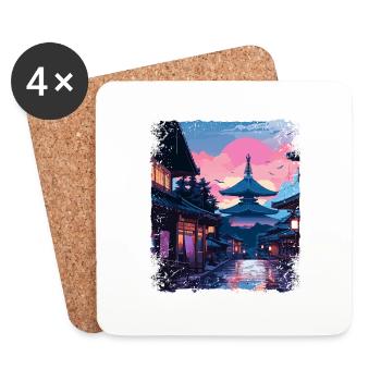 Japanese Alps Vaporwave Japan Takayama Village - Coasters (set of 4) - white - Front