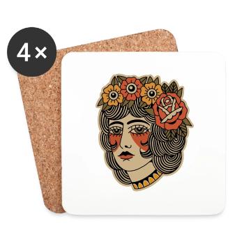Old school tattoo Illustration Frau mit Blumen - Untersetzer (4er-Set) - Weiß - Vorne