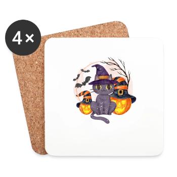 Halloween Mignon Chat Citrouille Chapeau de Sorcière Drôle - Dessous de verre (lot de 4) - blanc - Devant