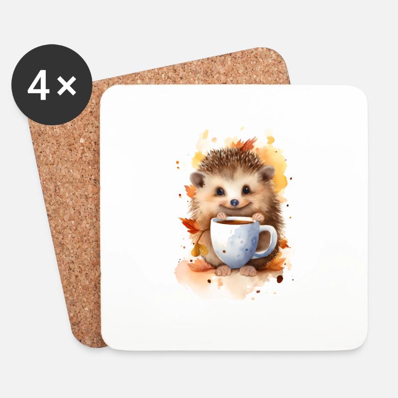 Igel mit Kaffee -Aquarellstil - Untersetzer (4er-Set) - Weiß