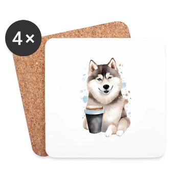 Husky mit Kaffee -Aquarellstil - Untersetzer (4er-Set) - Weiß - Vorne