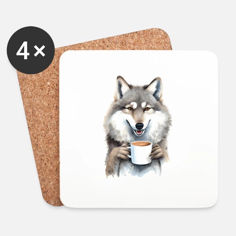 Wolf mit Kaffee -Aquarellstil - Untersetzer (4er-Set) - Weiß