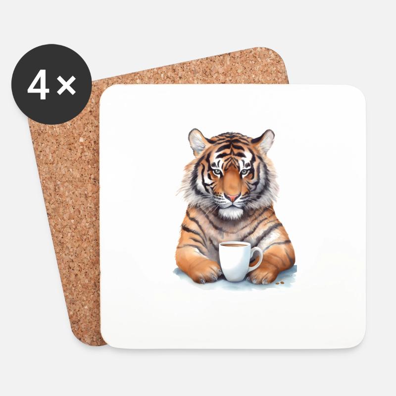 Tiger mit Kaffee -Aquarellstil - Untersetzer (4er-Set) - Weiß