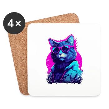 Vaporwave Aesthetic Cat portant des lunettes de soleil - Dessous de verre (lot de 4) - blanc - Devant