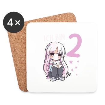 2 Jahre Mädchen Anime Kawaii Katze 2. Geburtstag - Untersetzer (4er-Set) - Weiß - Vorne