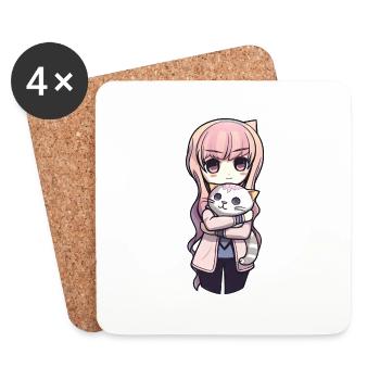 Anime Cats Kawaii Teen Otaku Girl With Cat - Coasters (set of 4) - white - Front