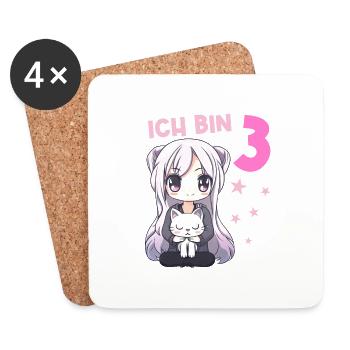 3 Jahre Mädchen Anime Kawaii Katze 3. Geburtstag - Untersetzer (4er-Set) - Weiß - Vorne