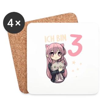 3 Jahre Mädchen Anime Kawaii Katze 3. Geburtstag - Untersetzer (4er-Set) - Weiß - Vorne