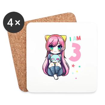 3 Jahre Mädchen Anime Kawaii Katze 3. Geburtstag - Untersetzer (4er-Set) - Weiß - Vorne