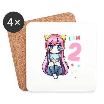2 Jahre Mädchen Anime Kawaii Katze 2. Geburtstag - Untersetzer (4er-Set) - Weiß - Vorne