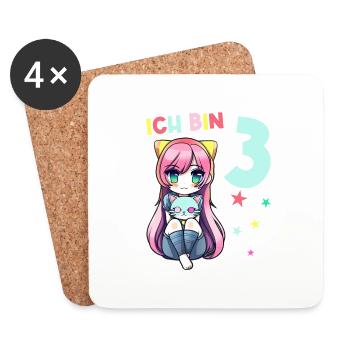 3 Jahre Mädchen Anime Kawaii Katze 3. Geburtstag - Untersetzer (4er-Set) - Weiß - Vorne
