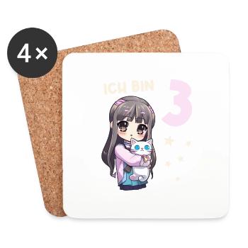 3 Jahre Mädchen Anime Kawaii Katze 3. Geburtstag - Untersetzer (4er-Set) - Weiß - Vorne