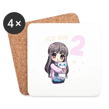 2 Jahre Mädchen Anime Kawaii Katze 2. Geburtstag - Untersetzer (4er-Set) - Weiß - Vorne