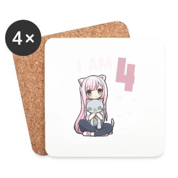4 ans Fille Anime Kawaii Cat 4ème anniversaire - Dessous de verre (lot de 4) - blanc - Devant