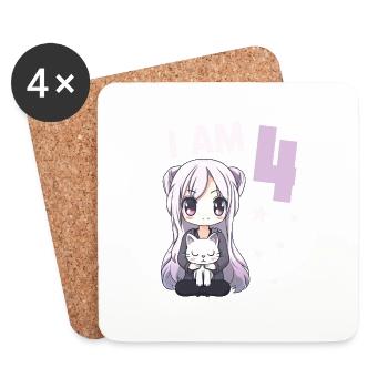 4 ans Fille Anime Kawaii Cat 4ème anniversaire - Dessous de verre (lot de 4) - blanc - Devant