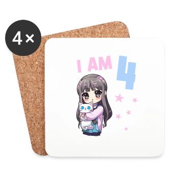 4 ans Fille Anime Kawaii Cat 4ème anniversaire - Dessous de verre (lot de 4) - blanc - Devant