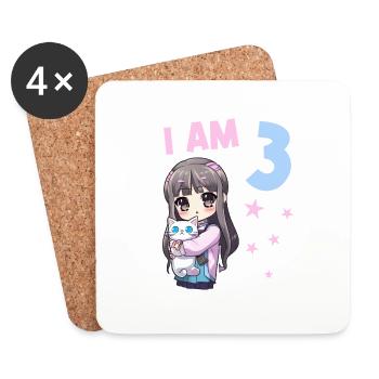 3 Jahre Mädchen Anime Kawaii Katze 3. Geburtstag - Untersetzer (4er-Set) - Weiß - Vorne