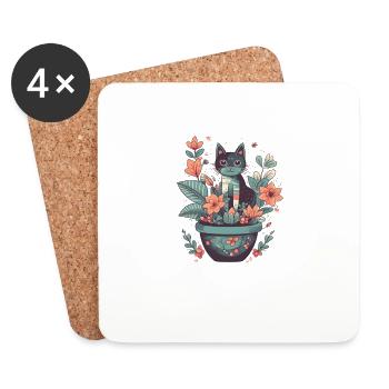 Chat en pot de fleurs avec des fleurs - Dessous de verre (lot de 4) - blanc - Devant