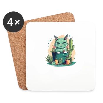 Chat vert en pot de fleurs avec cactus et citrouille - Dessous de verre (lot de 4) - blanc - Devant