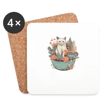 Chat dessiné dans un pot de fleurs - Dessous de verre (lot de 4) - blanc - Devant