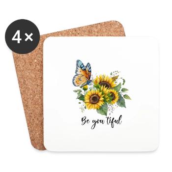 Three Sunflowers with Butterfly, Be you tiful - Coasters (set of 4) - white - Front