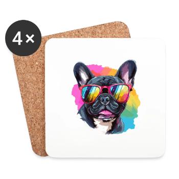 Bouledogue français coloré portant des lunettes de soleil - Dessous de verre (lot de 4) - blanc - Devant