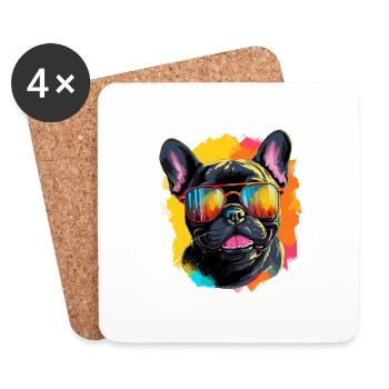 Bouledogue français coloré portant des lunettes de soleil - Dessous de verre (lot de 4) - blanc - Devant