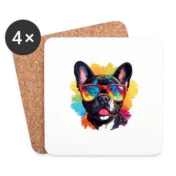 Bouledogue français coloré portant des lunettes de soleil - Dessous de verre (lot de 4) - blanc - Devant
