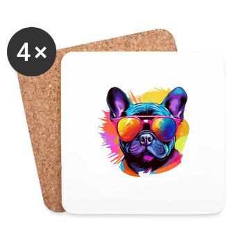 Bouledogue français coloré portant des lunettes de soleil - Dessous de verre (lot de 4) - blanc - Devant