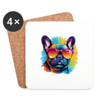 Bouledogue français coloré portant des lunettes de soleil - Dessous de verre (lot de 4) - blanc - Devant