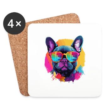 Bouledogue français coloré portant des lunettes de soleil - Dessous de verre (lot de 4) - blanc - Devant