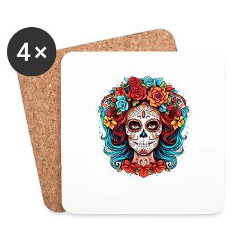 Belle décoration florale de crâne de La Catrina Dia D - Dessous de verre (lot de 4) - blanc - Devant