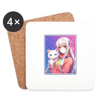 Kawaii Fille Anime Manga Fille Chat - Dessous de verre (lot de 4) - blanc - Devant