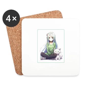 Kawaii Girl Anime Manga Girl Cat - Coasters (set of 4) - white - Front