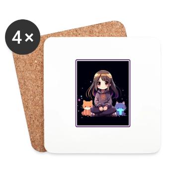 Kawaii Girl Anime Manga Girl Cat - Coasters (set of 4) - white - Front