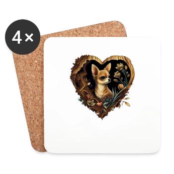Chihuahua | Niedlicher Hund Welpe Natur Holz Herz - Untersetzer (4er-Set) - Weiß - Vorne